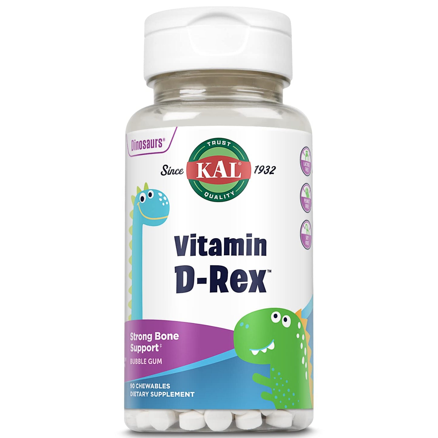 KAL Vitamin D-Rex Kids Chewables – Vitamin D3 400 IU, Bubble Gum, 90 Servings