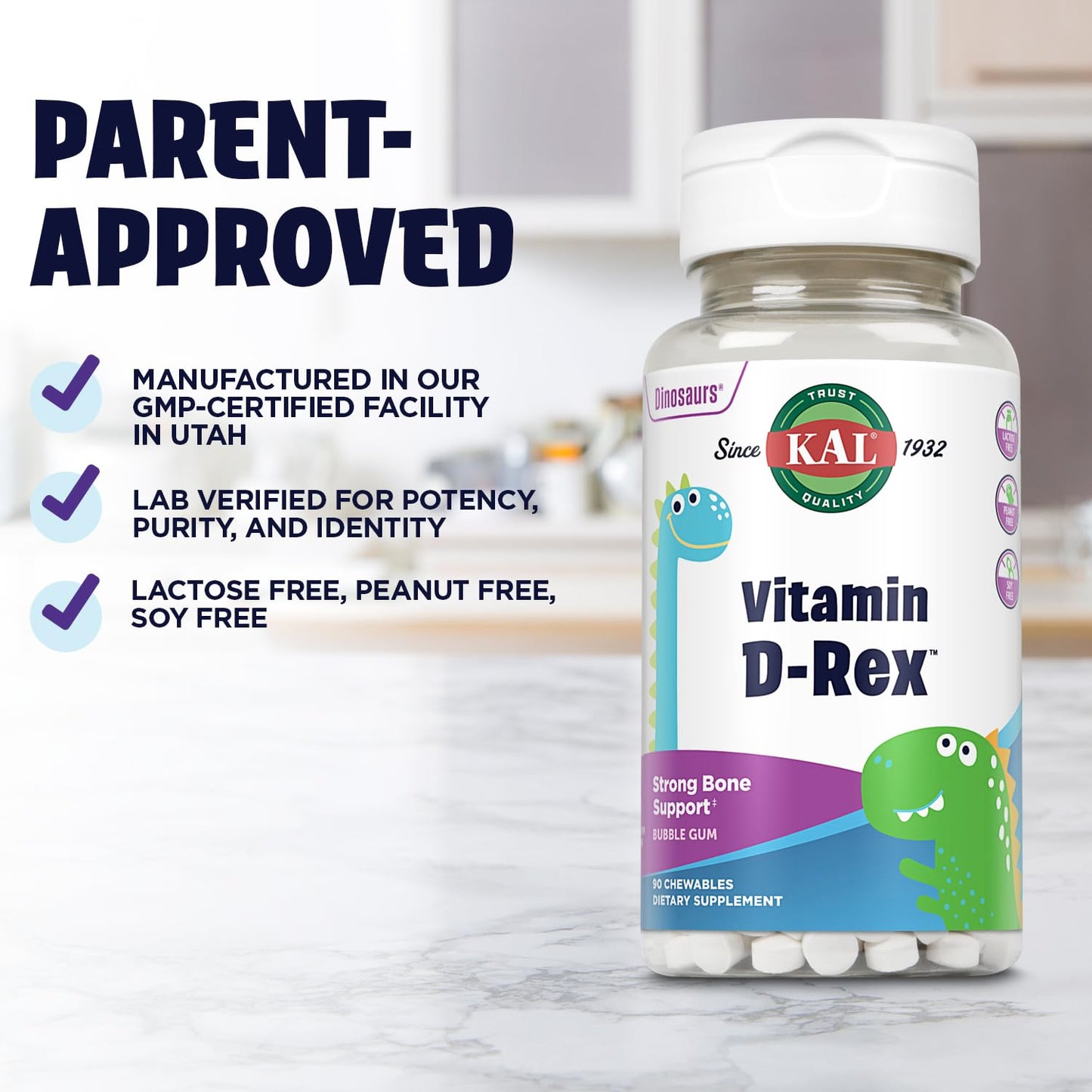 KAL Vitamin D-Rex Kids Chewables – Vitamin D3 400 IU, Bubble Gum, 90 Servings