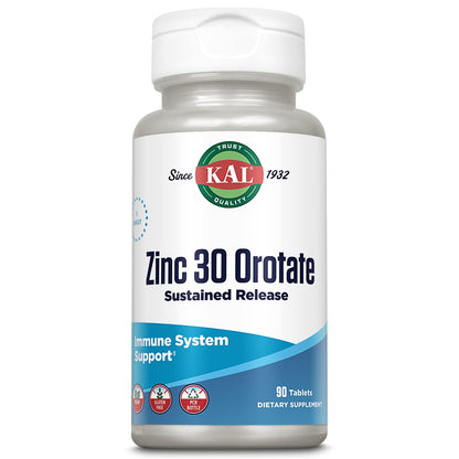 KAL Zinc Orotate 30mg – Sustained Release Zinc Tablets for Immune Support | Vegan & Gluten Free
