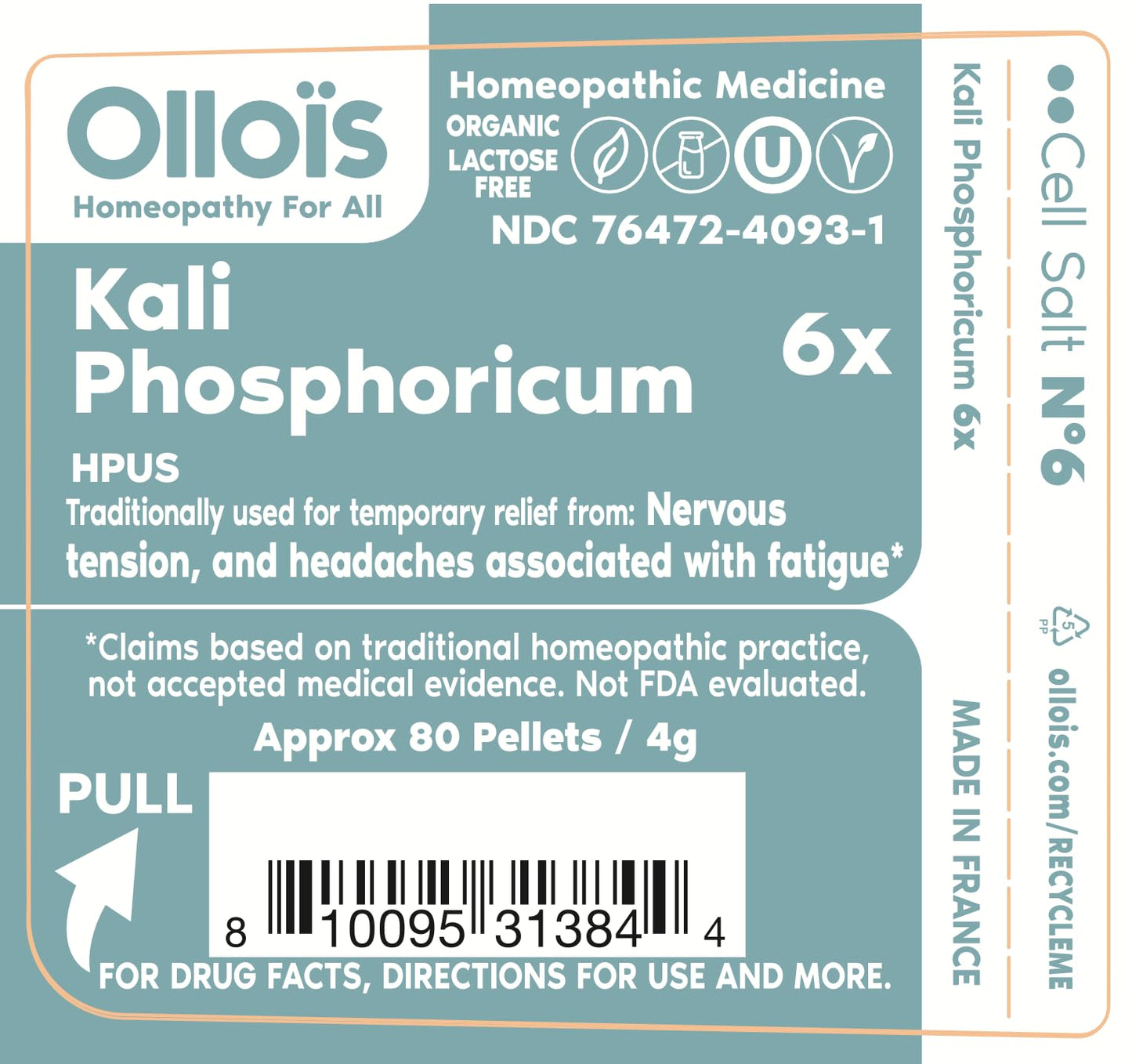 Kali Phosphoricum- OLLOIS - Organic & Vegan, Kosher Certified, Cell Salt #6 (Approx. 80 pellets)