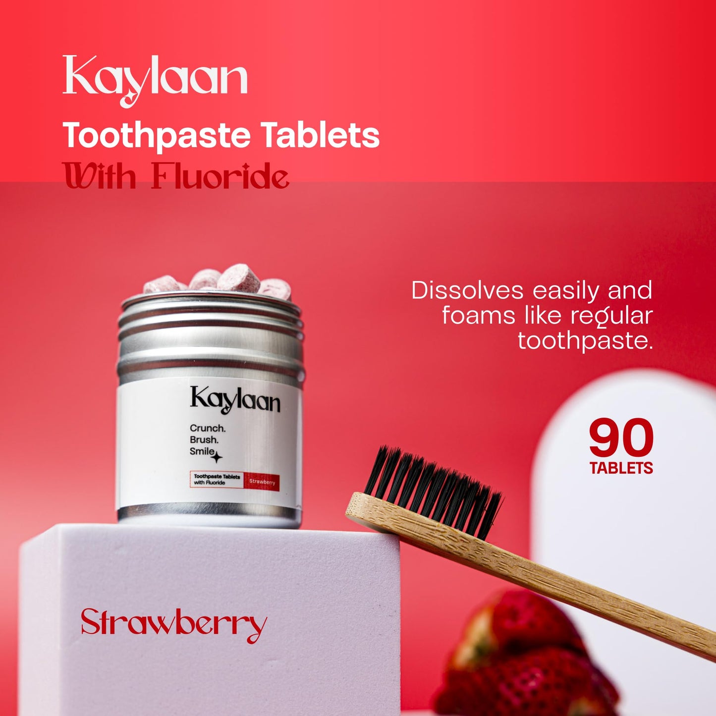 Kalyaan Kids Fluoride Toothpaste Tablets - Whitening, Cavity Protection & Sensitive Teeth Relief | Strawberry 90 Count | Made in USA