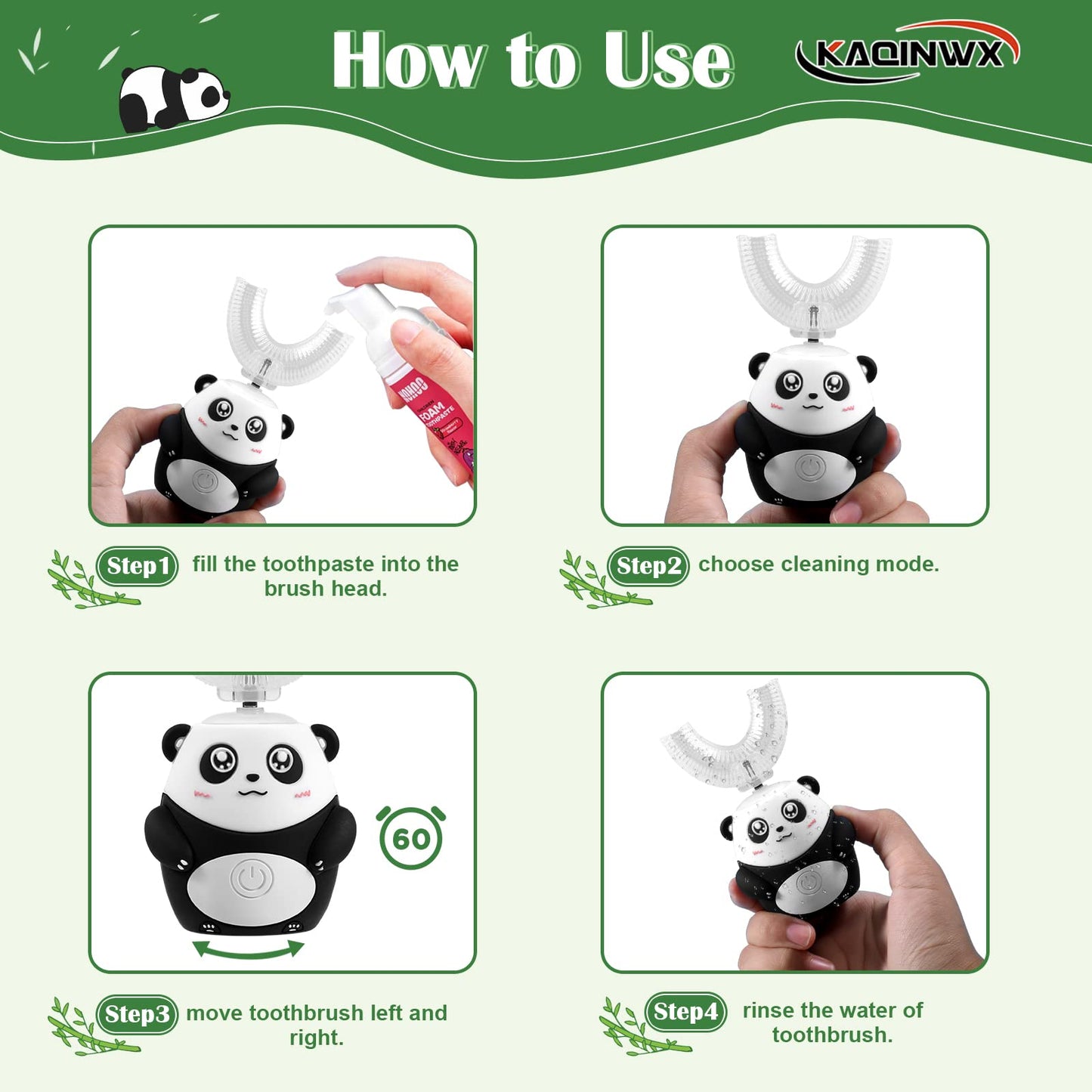 KAQINWX Kids U Shaped Electric Toothbrush – Panda Design, 3 Modes, 60s Timer, IPX7 Waterproof, Ages 2-12