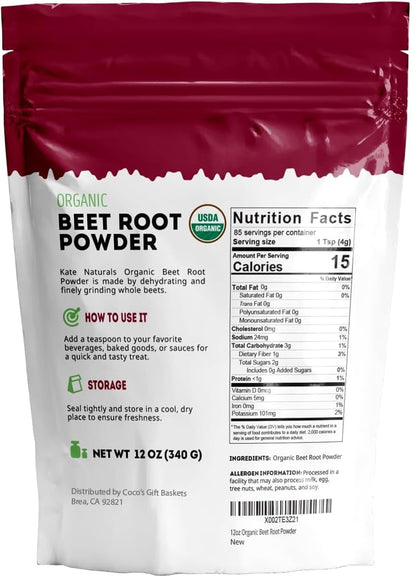 Kate Naturals Organic Beet Root Powder for Smoothies, Baking & Juice. Raw Beetroot Superfood & Natural Red Food Coloring (12oz, Non-GMO, Earthy Flavor)