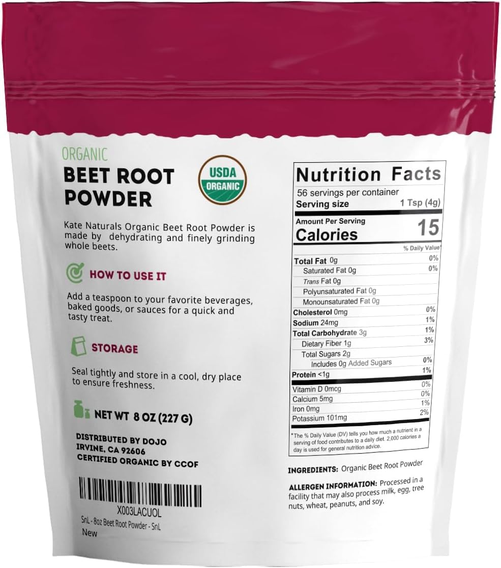 Kate Naturals Organic Beet Root Powder - 8oz, Non-GMO | Smoothies, Baking & Juices