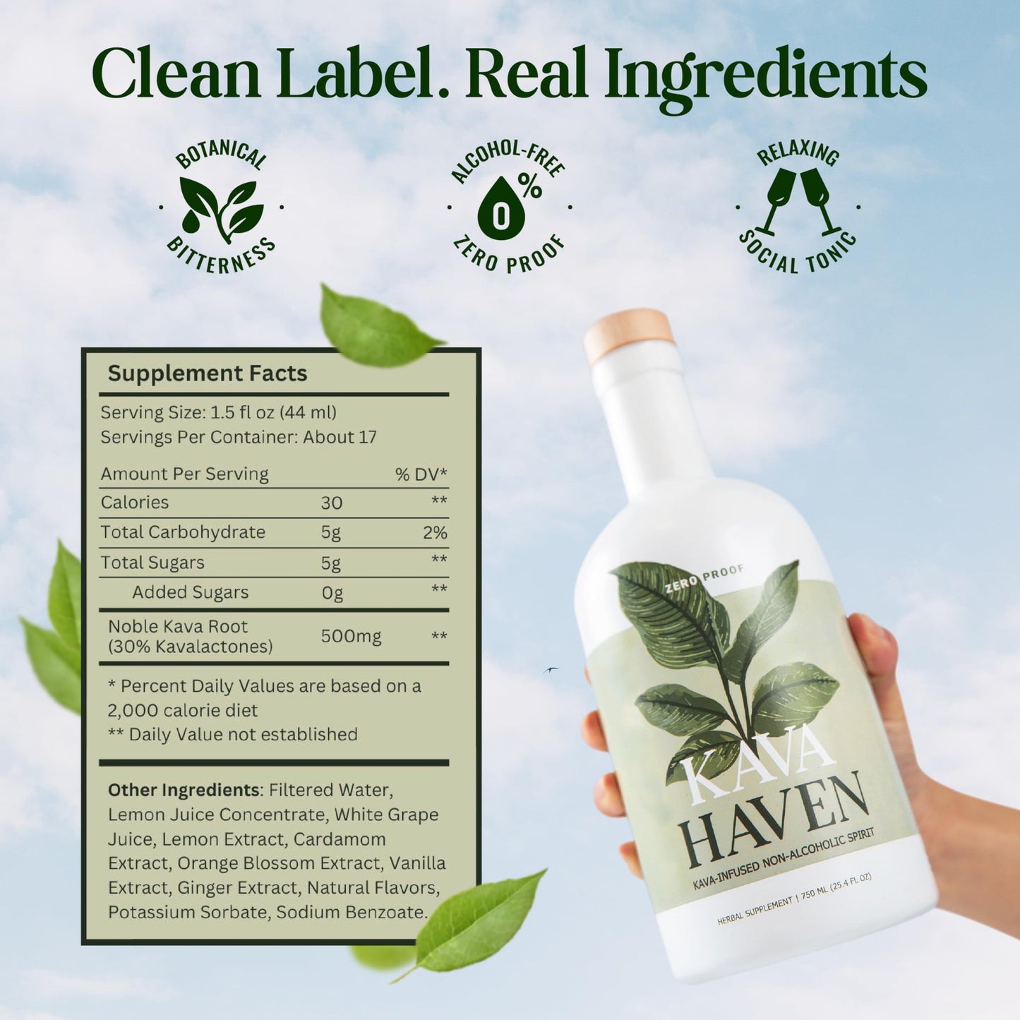 Kava Haven Non Alcoholic Spirit – Lemon Ginger, 750mL | Low Calorie, All Natural, Zero Proof