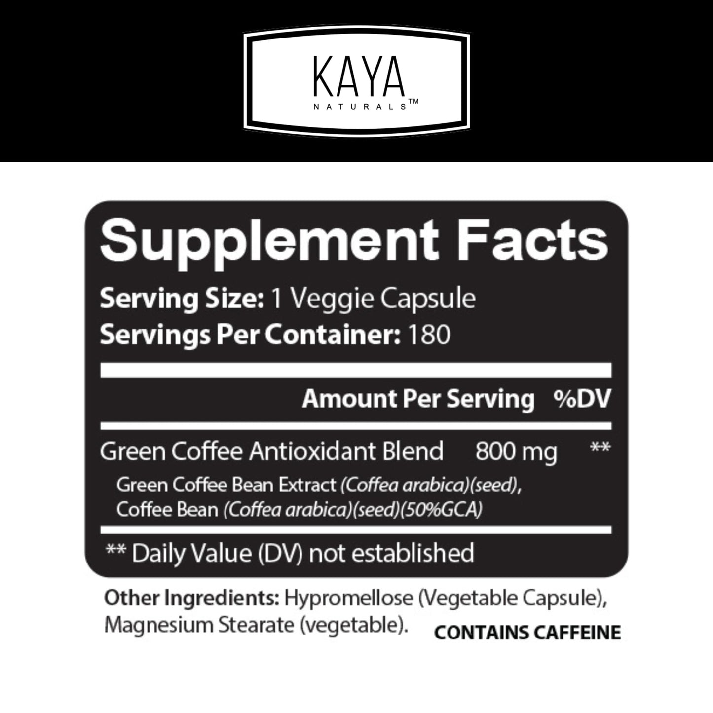 Kaya Naturals Green Coffee Bean Extract – Non-GMO, Gluten-Free Supplement 180 Count