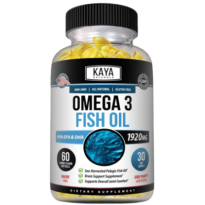 Kaya Naturals Omega-3 Supplement | 60 Softgels | Pure Sea-Harvested Pelagic Fish Oil | No Fishy Aftertaste