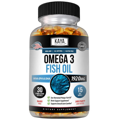 Kaya Naturals Omega-3 Fish Oil Supplement | 100% Pure Sea-Harvested Pelagic | No Fishy Aftertaste | 30 Softgels