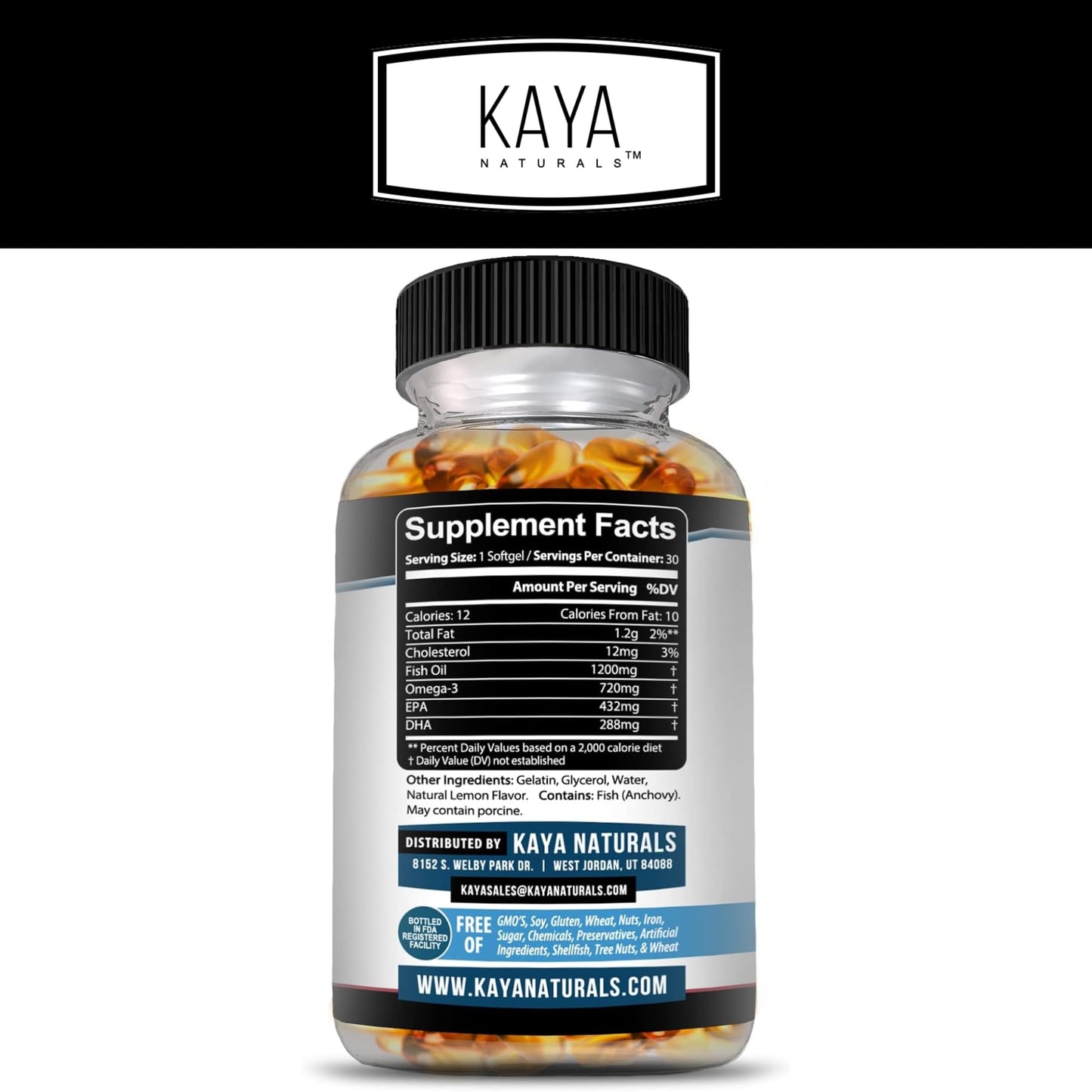Kaya Naturals Omega-3 Fish Oil Supplement | 100% Pure Sea-Harvested Pelagic | No Fishy Aftertaste | 30 Softgels