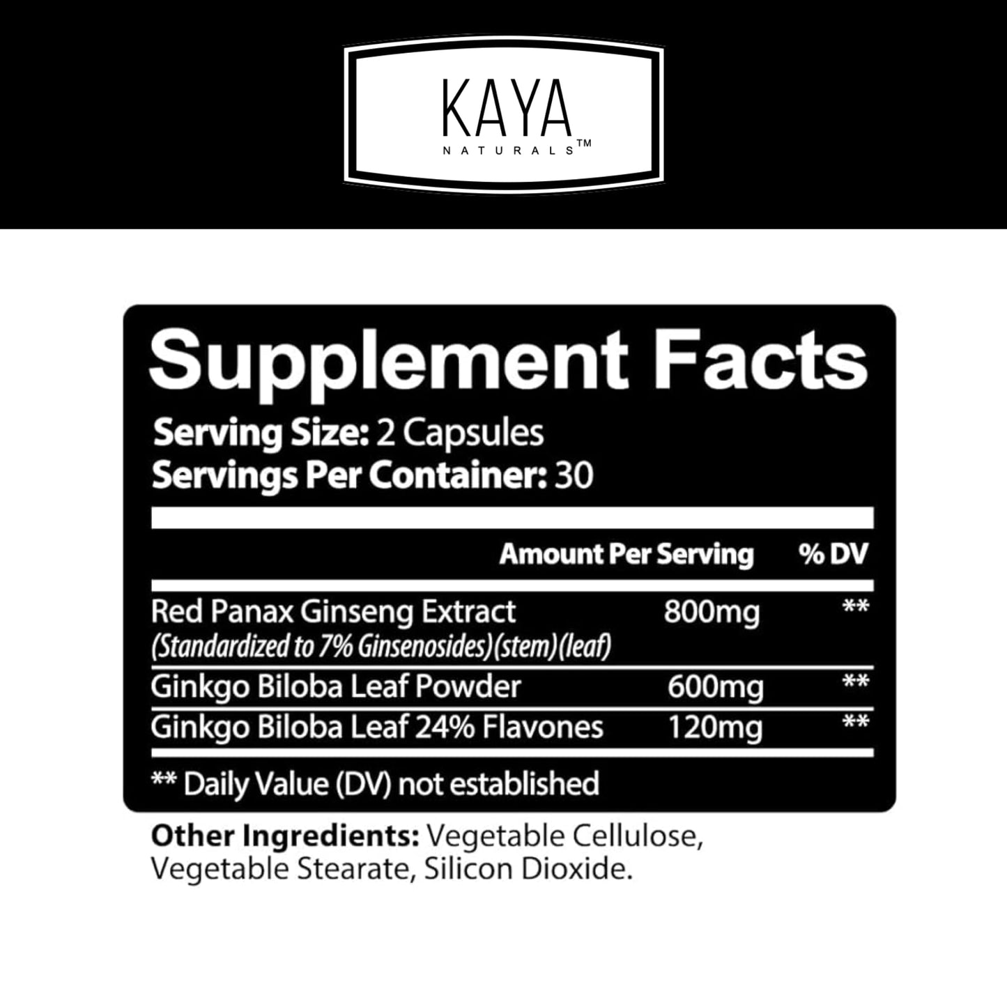 Kaya Naturals Red Panax Ginseng + Ginkgo Biloba – Nootropic Brain Support (2x60)