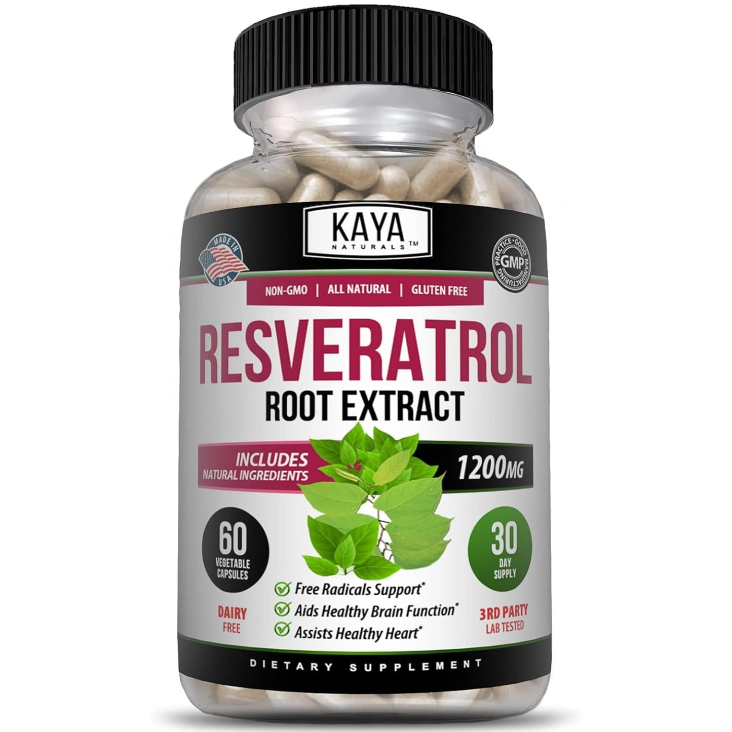 Kaya Naturals Resveratrol Capsules - Anti-Aging Antioxidants with Brain Support | 60 Veggie Capsules per Bottle (Pack of 6)