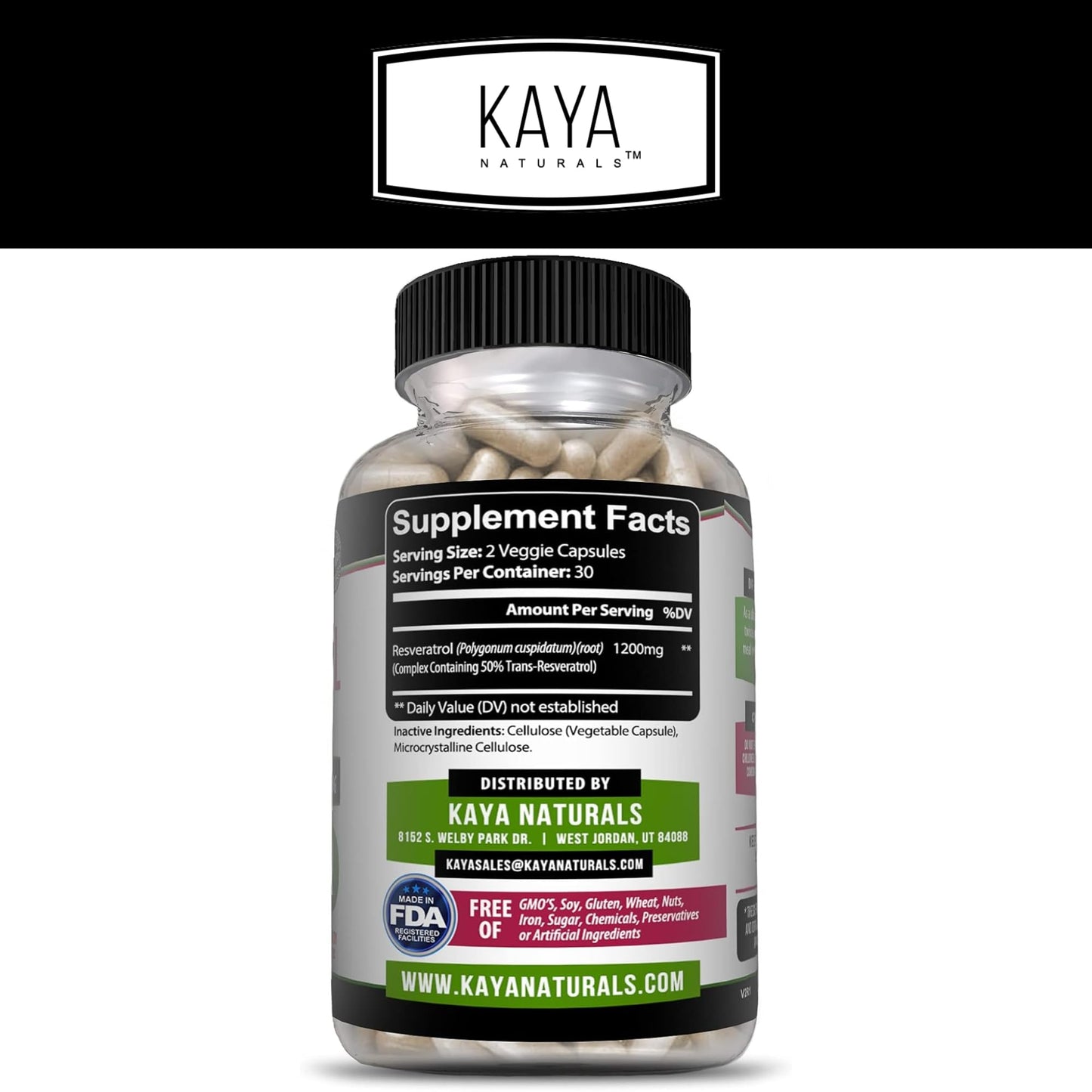 Kaya Naturals Resveratrol Capsules - Anti-Aging Antioxidants with Brain Support | 60 Veggie Capsules per Bottle (Pack of 6)