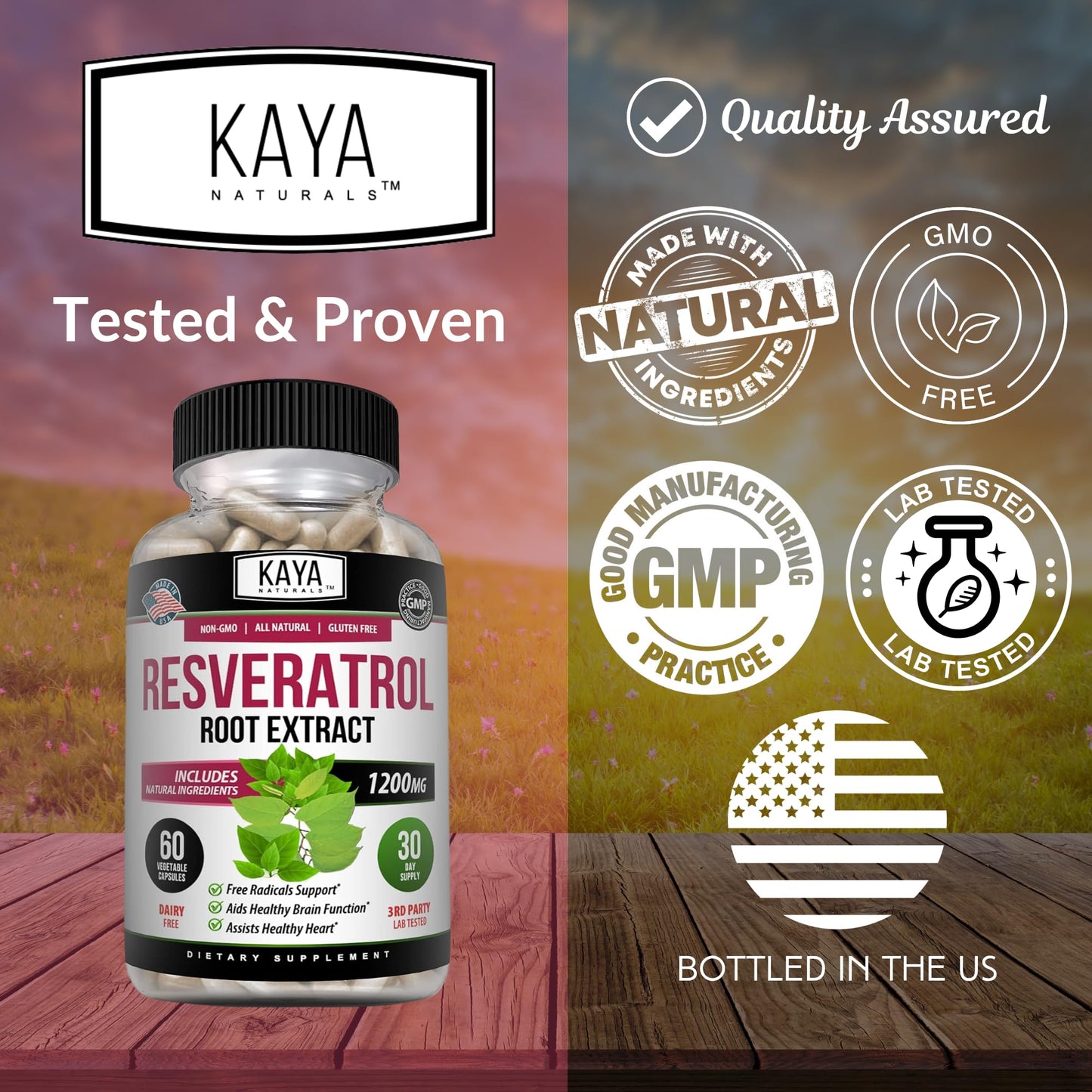 Kaya Naturals Resveratrol Capsules - Anti-Aging Antioxidants with Brain Support | 60 Veggie Capsules per Bottle (Pack of 6)