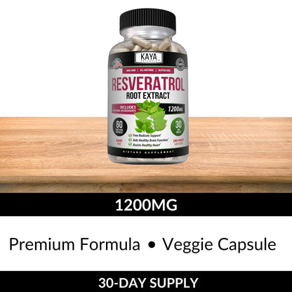 Kaya Naturals Resveratrol Capsules - Anti-Aging Antioxidants with Brain Support | 60 Veggie Capsules per Bottle (Pack of 6)