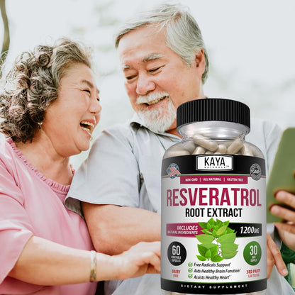 Kaya Naturals Resveratrol Capsules - Anti-Aging Antioxidants with Brain Support | 60 Veggie Capsules per Bottle (Pack of 6)
