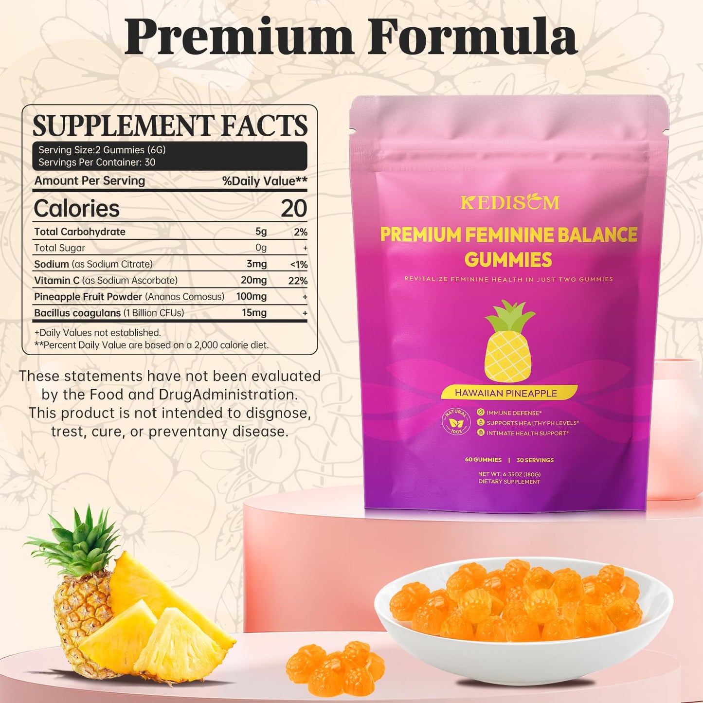 KEDISOM Premium Feminine Balance Gummies - Women's Health, Immune Support, Vegan & Gluten-Free (60 Gummies, 30 Servings)