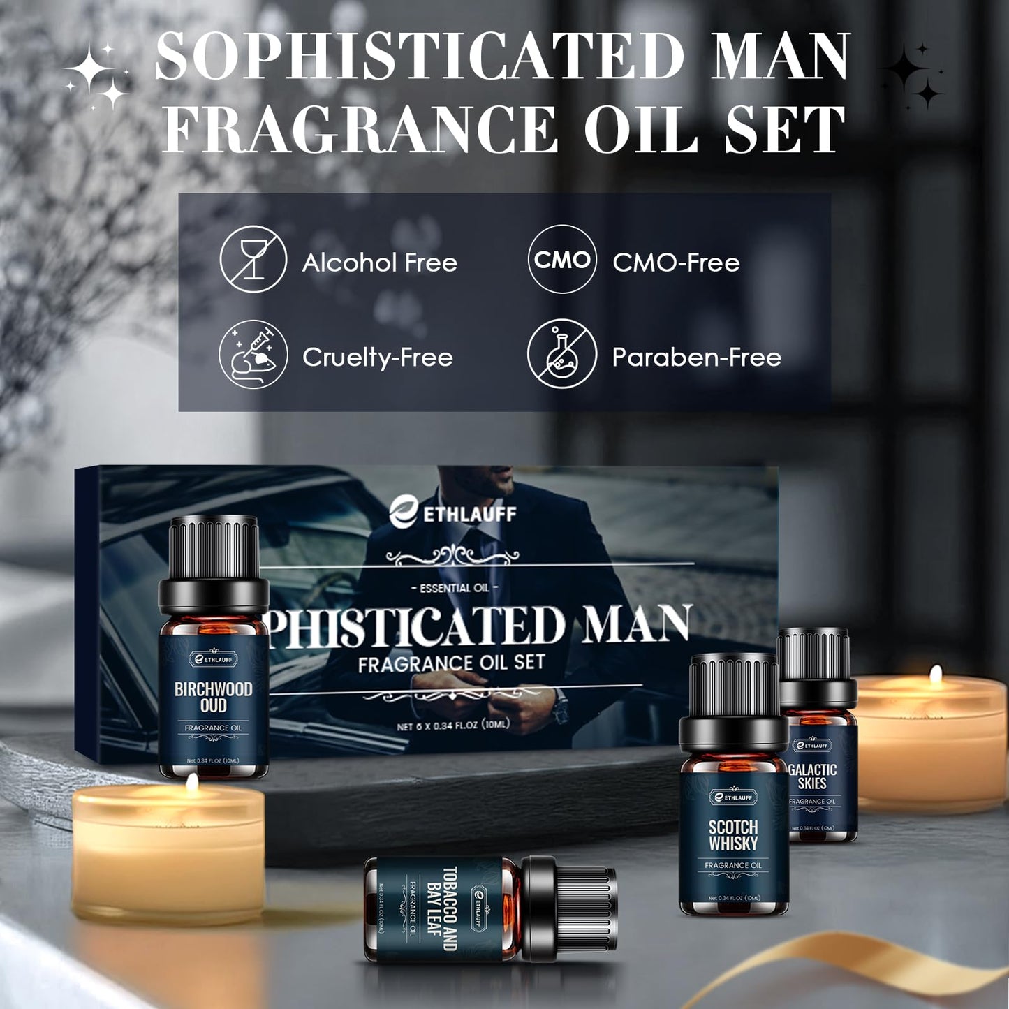 Men Essential Oils Set - Top 6 Gentlemen's Fragrance Oils for Diffuser, Candle & Soap Making