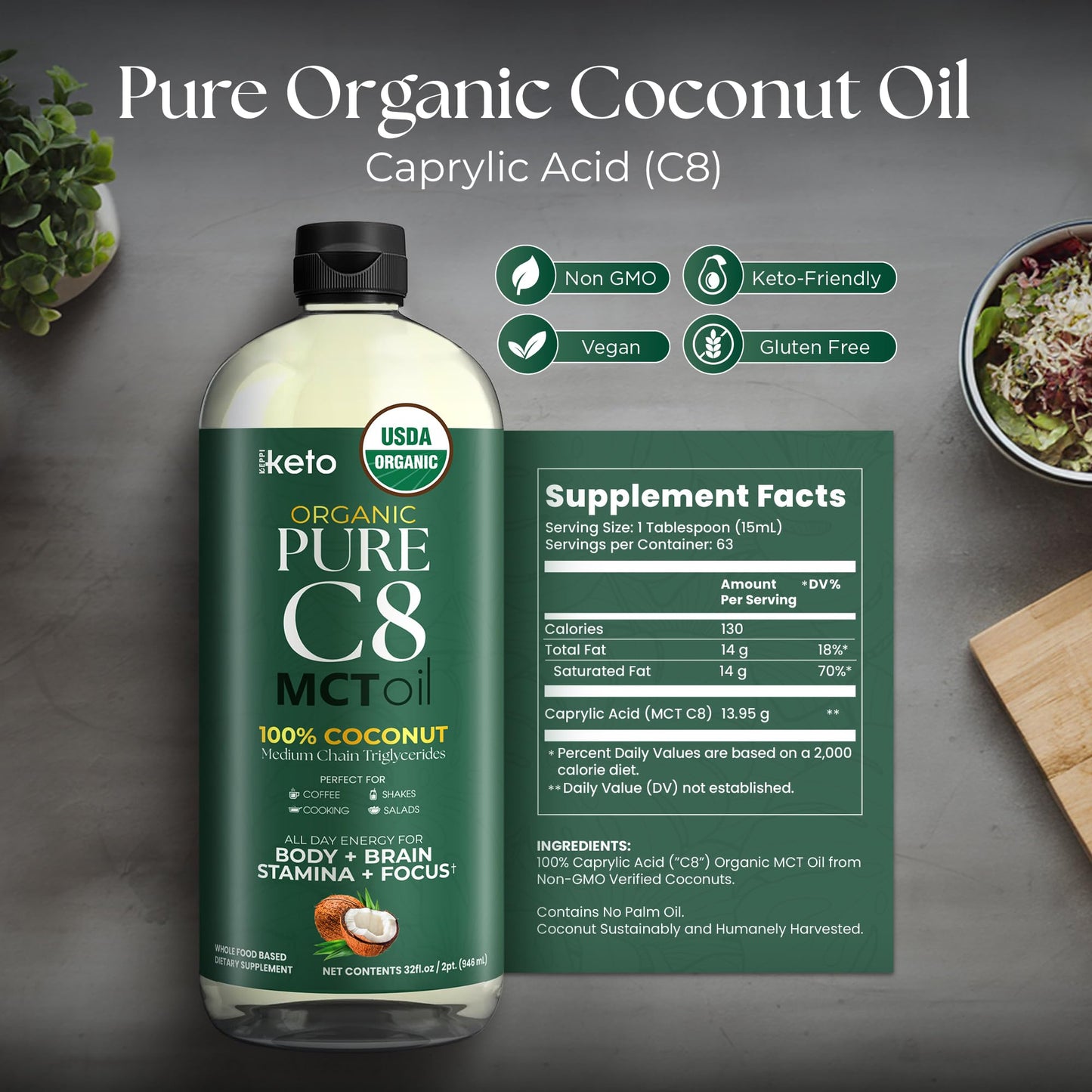Keppi Keto Organic MCT Oil C8 (Flavorless) 32 oz | Non-GMO, Gluten-Free, Palm Oil Free