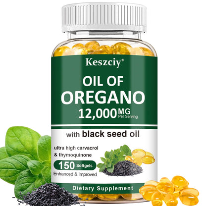 Keszciy 150 Softgels Oil of Oregano with Black Seed Oil – 2 in 1 Immune Support, High Carvacrol & Thymoquinone, Non-GMO, 1 Pack