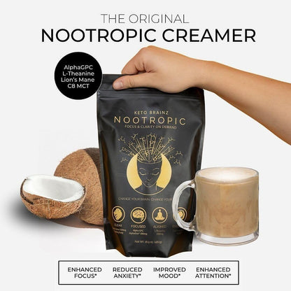 Keto Brainz C8MCT Nootropic Creamer – 500mg Lion’s Mane, AlphaGPC & L-Theanine | 16oz, 30 Servings