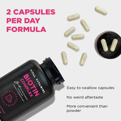 Vital Vitamins Biotin Complex Pills – Hyaluronic Acid, MSM, Collagen & Vitamin C | Hair, Skin & Nails Supplement (60 Capsules)