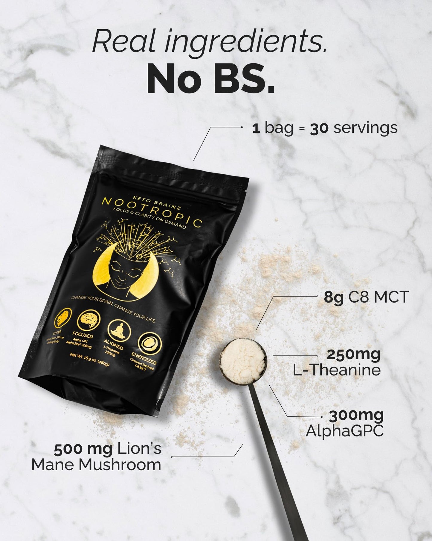 Keto Brainz C8MCT Nootropic Creamer – 500mg Lion’s Mane, AlphaGPC & L-Theanine | 16oz, 30 Servings