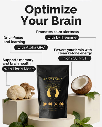 Keto Brainz C8MCT Nootropic Creamer – 500mg Lion’s Mane, AlphaGPC & L-Theanine | 16oz, 30 Servings