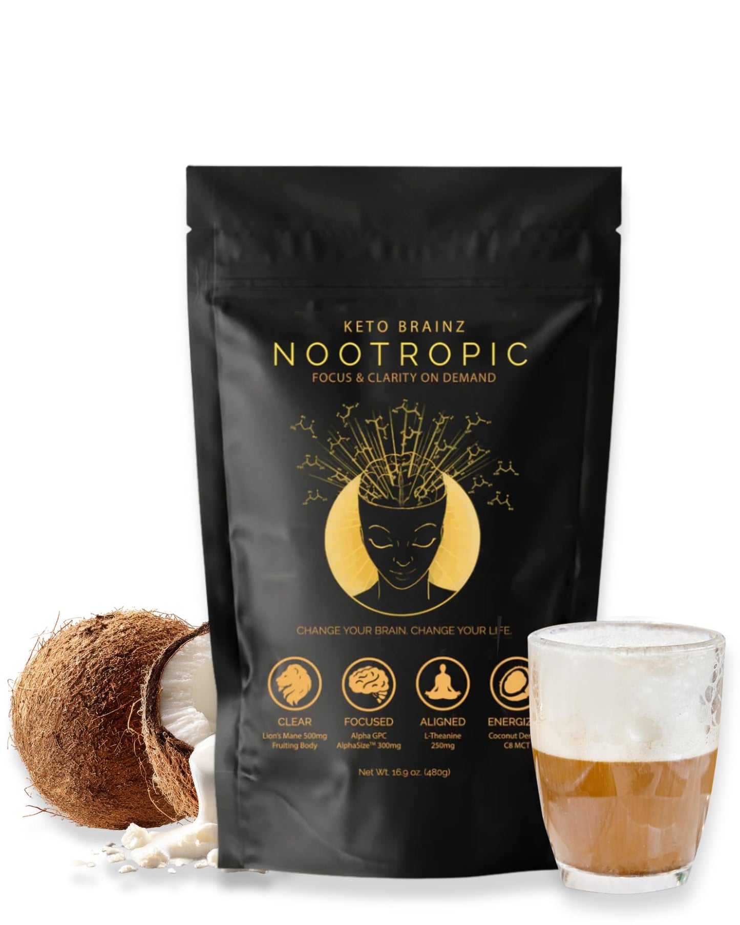 Keto Brainz C8MCT Nootropic Creamer – 500mg Lion’s Mane, AlphaGPC & L-Theanine | 16oz, 30 Servings