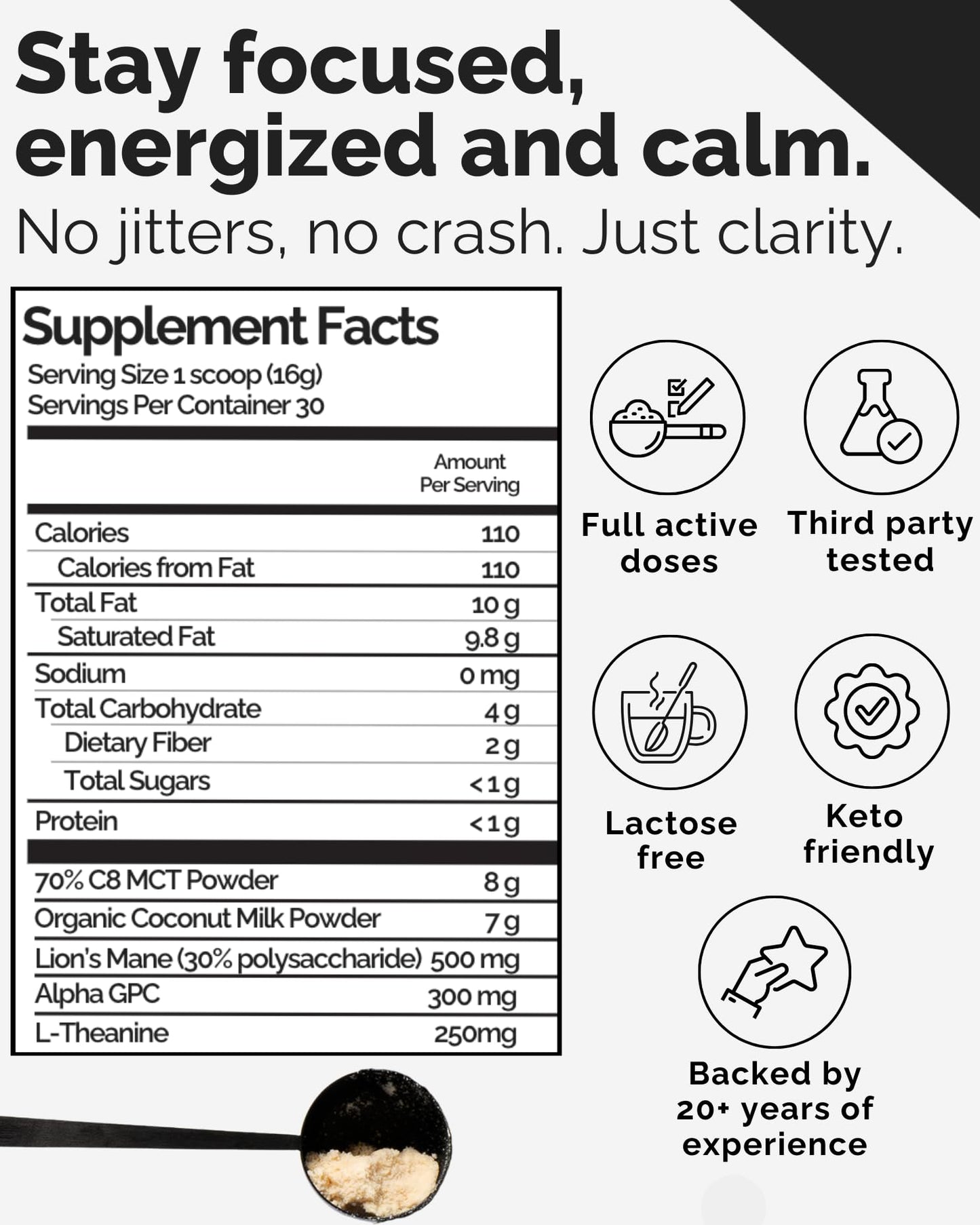 Keto Brainz C8MCT Nootropic Creamer – 500mg Lion’s Mane, AlphaGPC & L-Theanine | 16oz, 30 Servings