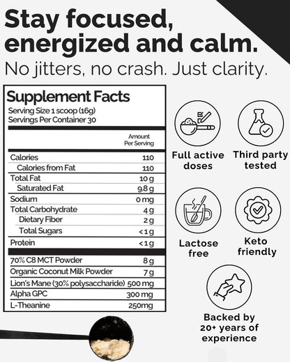 Keto Brainz C8MCT Nootropic Creamer – 500mg Lion’s Mane, AlphaGPC & L-Theanine | 16oz, 30 Servings