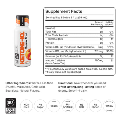 Ketone-IQ Ketone Energy Shots - Peach | 5g Ketones, 100mg Green Tea Caffeine, B Vitamins - 24 On-The-Go Shots