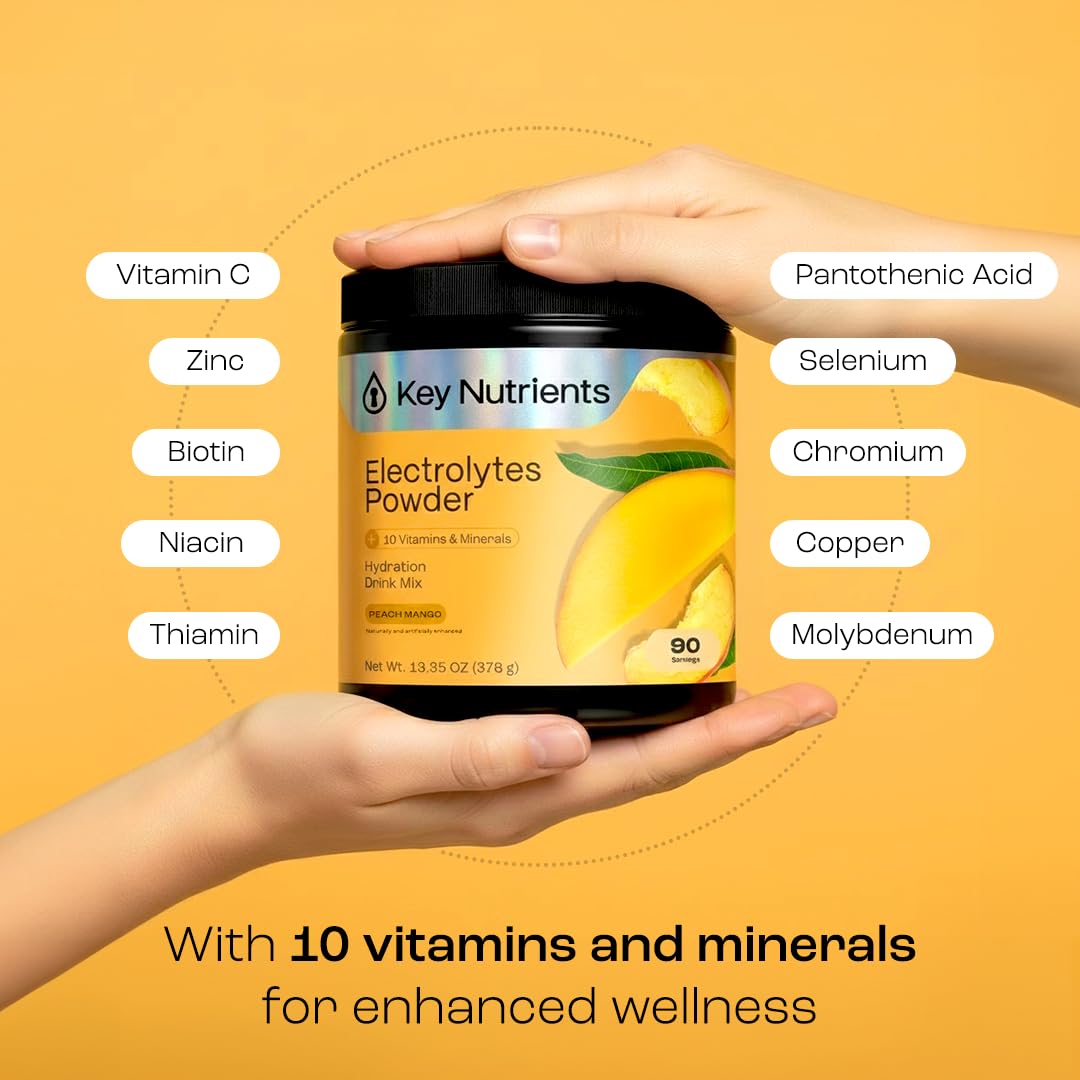 KEY NUTRIENTS Multivitamin Electrolytes Powder No Sugar – Tropical Peach Mango Hydration, 90 Servings, Made in USA