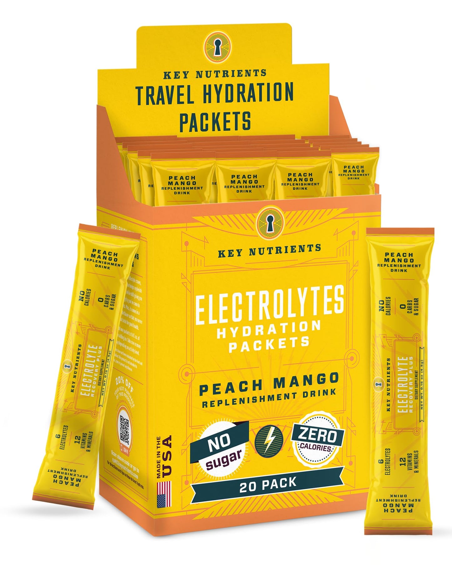 KEY NUTRIENTS Electrolytes Powder Packets – Tropical Peach Mango 20 Pack | No Sugar, Gluten Free, Made in USA