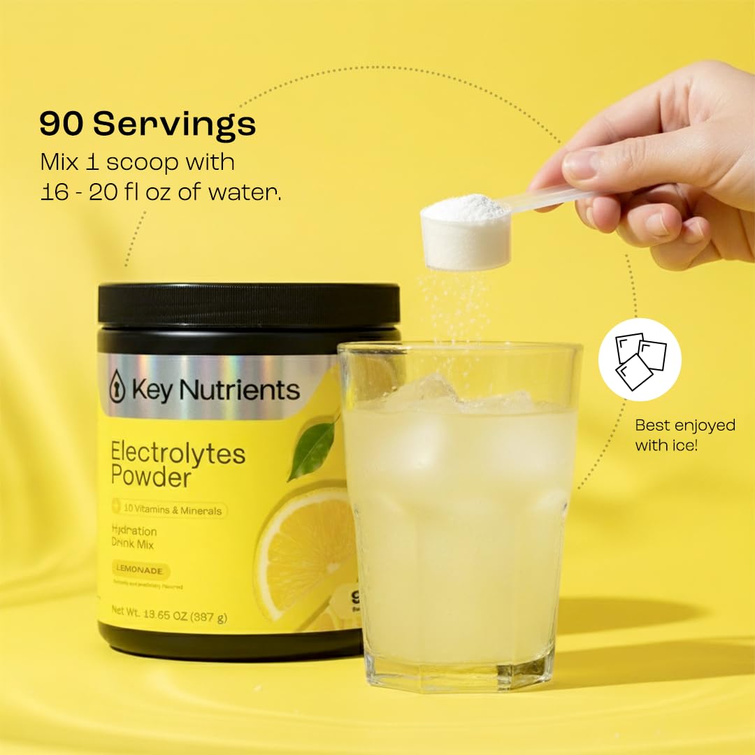 KEY NUTRIENTS Multivitamin Electrolytes Powder No Sugar – Lemonade Hydration, 90 Servings, Made in USA