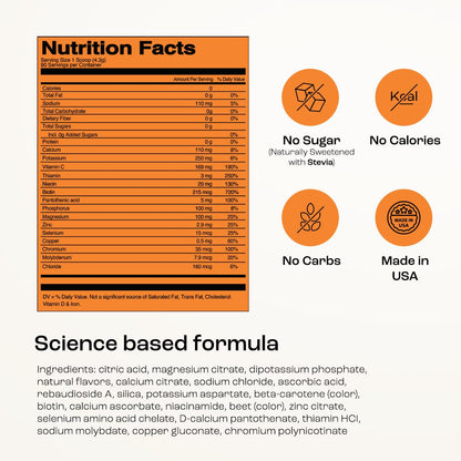 KEY NUTRIENTS Multivitamin Electrolytes Powder No Sugar - Tangy Orange Electrolyte Powder | Hydration & Energy - Made in USA - 90 Servings