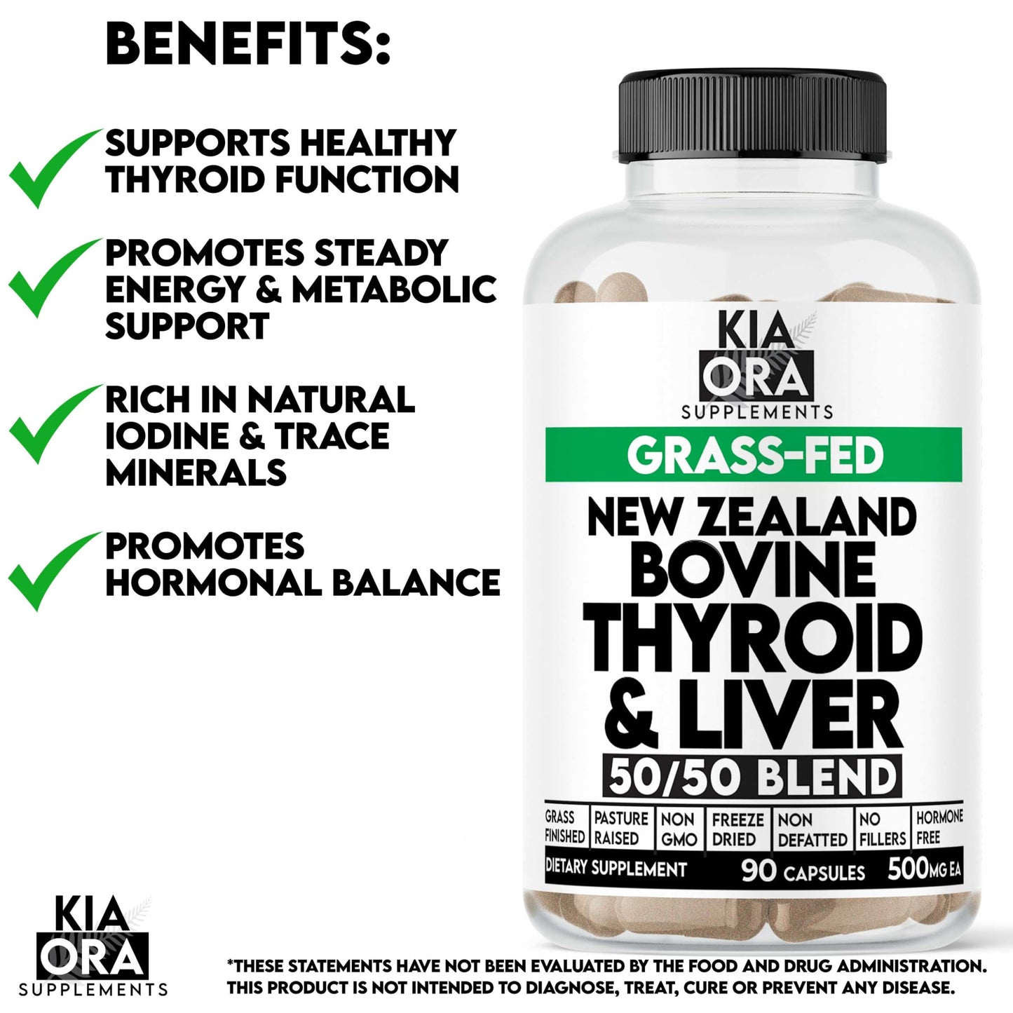 KIA ORA Grass-Fed Bovine Thyroid with Liver Supplement | 90 Capsules | NZ Sourced