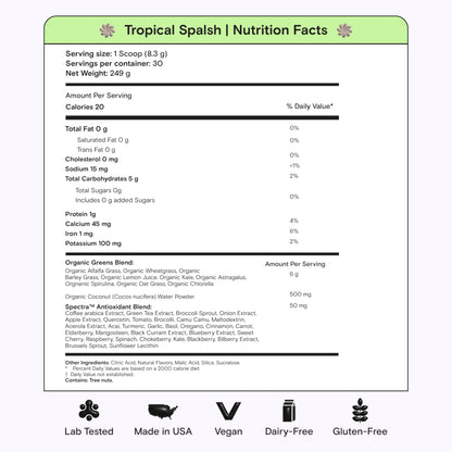 Kiala Nutrition Super Greens — Organic Greens Powder with Spectra Blend, Tropical Splash, 30 Servings