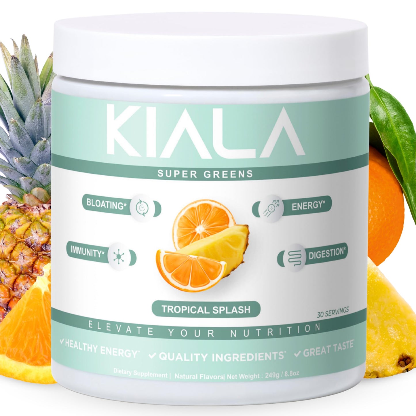 Kiala Nutrition Super Greens — Organic Greens Powder with Spectra Blend, Tropical Splash, 30 Servings