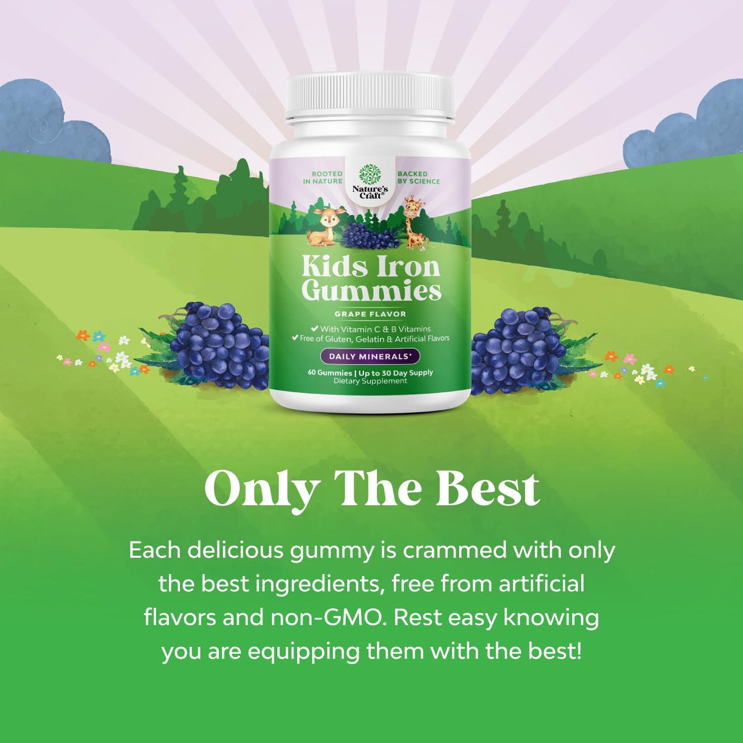 Kids Iron Gummies - Gentle Iron Supplement for Immunity & Energy (60 Count) | Vegan, Gluten Free