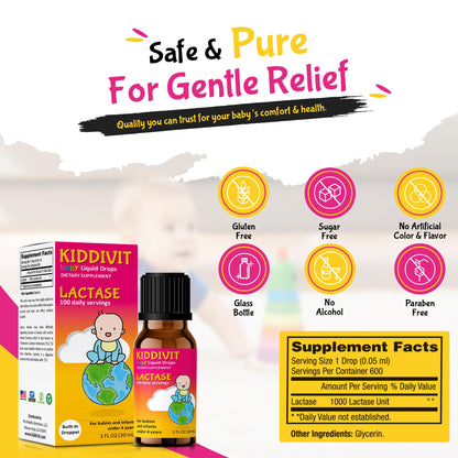 Kiddivit Baby Lactase Drops 1000 Units – Gentle Digestive Support (Infants) | 1oz | Gluten Free