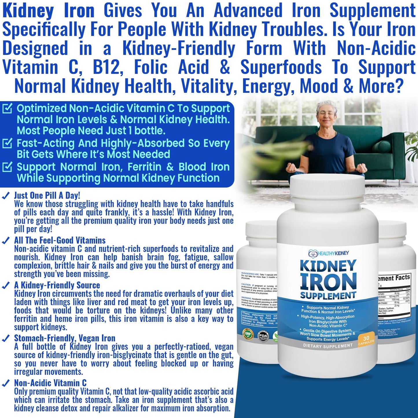 Kidney Iron Supplement Pills for Kidney Health – High-Absorption Iron Bis-Glycinate (30 Capsules)