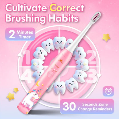 Kids Electric Toothbrush for Girls – Unicorn Pink, 3 Modes, 4 Heads, 31000 VPM