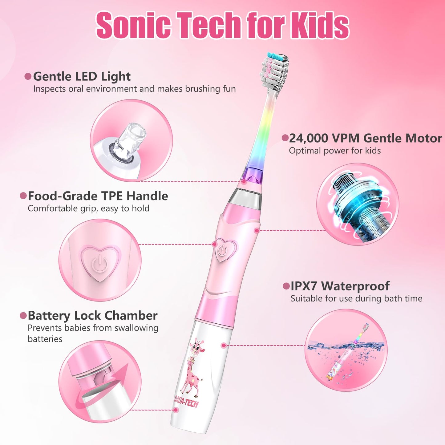 Kids Electric Toothbrush 2-12 | Rainbow LED, 2-Min Timer, Pink Giraffe