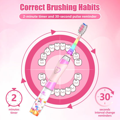 Kids Electric Toothbrush with Timer for Ages 2-12 | Rainbow LED, Pink Unicorn
