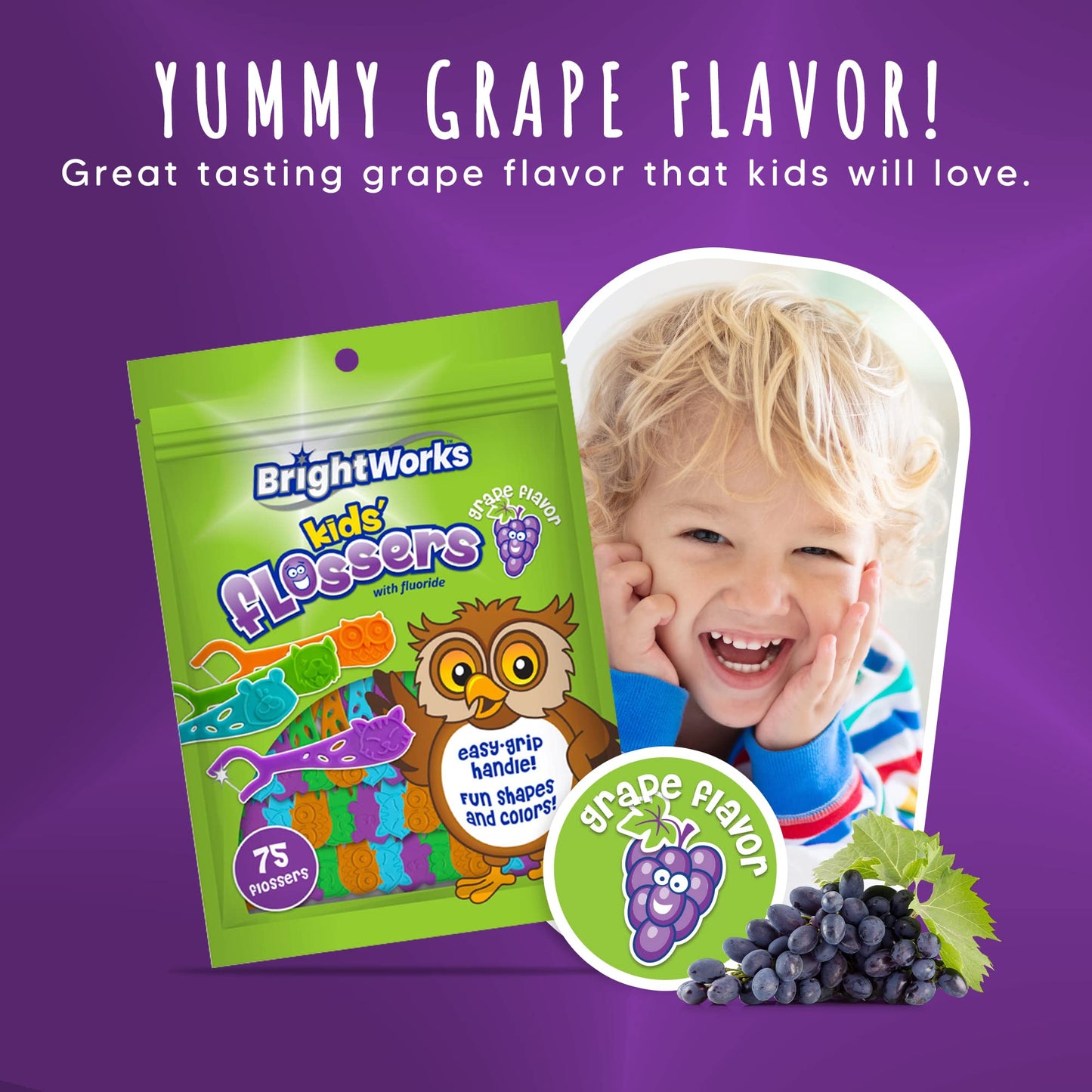 Kids’ Grape-Flavored Dental Flossers – Colorful Animal Shapes, Easy-Grip, Fluoride-Coated (Pack of 3 x 75)