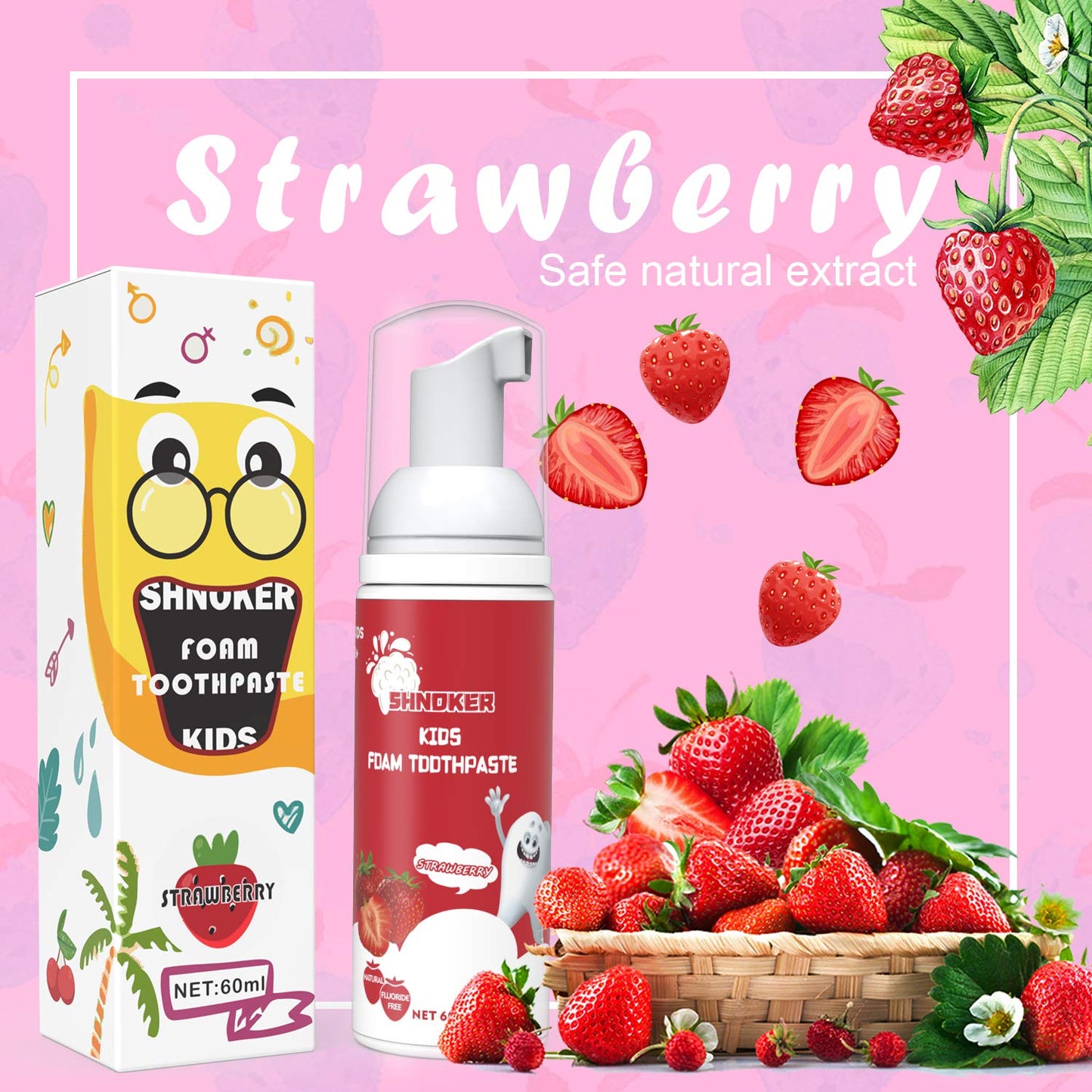 Kids Foam Toothpaste - Strawberry Flavor, Fluoride Free, 60ml (2 Pack) for U-Shaped & Electric Toothbrush