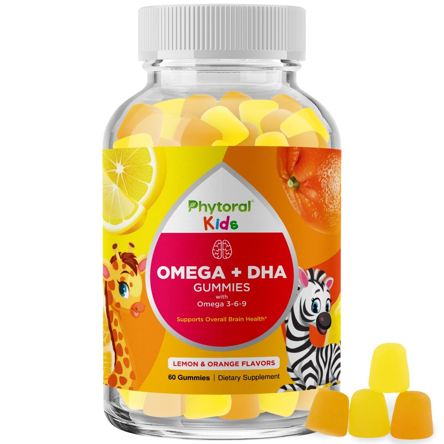 Kids Omega DHA Gummies - Fatty Acids Omega 3 6 9 with Vitamin C for Brain, Immunity & Vision - Nutritional DHA for Kids for Healthy Nervous System & Focus Support - Fish Free & Vegan - 60 Chews