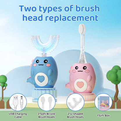 Kids U-Shaped Electric Toothbrush with 3 Modes, 4 Brush Heads, 360° Sonic Cleaning, IPX7 Waterproof (Ages 2-12)
