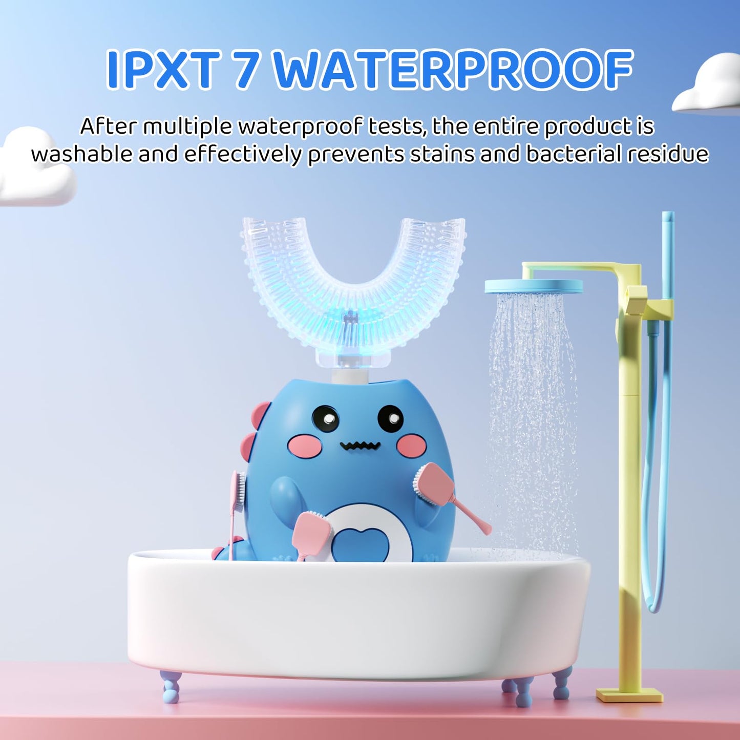 Kids U-Shaped Electric Toothbrush with 3 Modes, 4 Brush Heads, 360° Sonic Cleaning, IPX7 Waterproof (Ages 2-12)