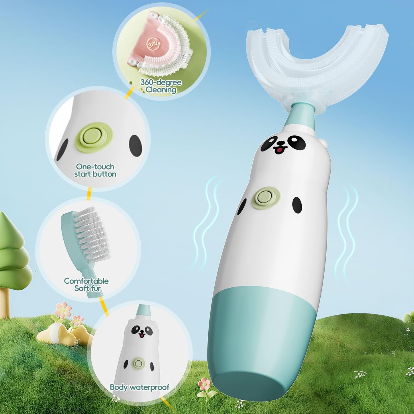 Kids U-Shaped Electric Toothbrush – 2 Heads, 360° Cleaning (Blue) for Ages 8-13